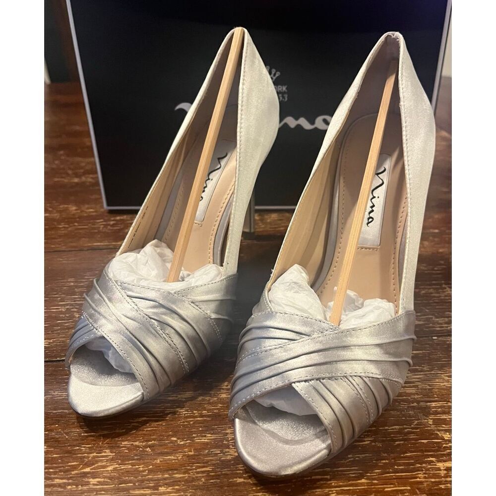 NINA RHIYANA-Womens Silver Satin Peep Toe High-Heel Classic Pump -6 - Picture 2 of 7